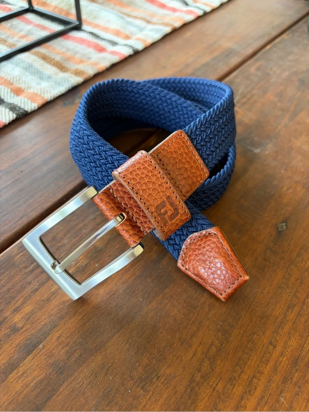 FootJoy Men's Navy Braided Stretch Belt Leather Trim 36-40” Measures 45.5”x1.25”